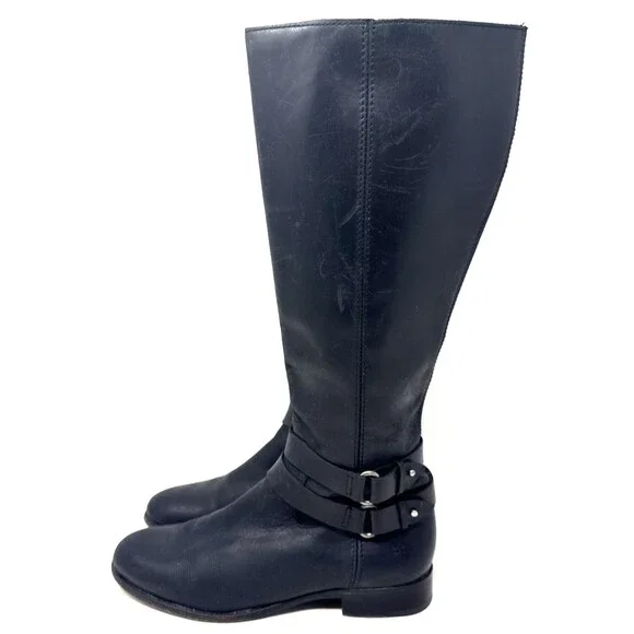 Frye Christie Tall Riding Boots Womens Sz 7.5 Black Leather 2 Buckles Equestrian - Picture 3 of 16